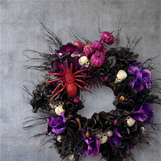 Gothic Halloween Wreath: Purple Black Flowers, Skulls & Red Spider