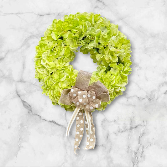 Green Hydrangea Wreath - Farmhouse Door Decor - All Seasons Front Door Wreaths - Burlap Handmade Bow