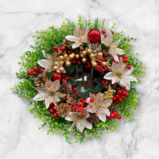 Gold and  Red Christmas Wreath – Holiday Door Wreath with Poinsettias  Pinecones and Ornaments – Elegant Christmas Decor for Front Door