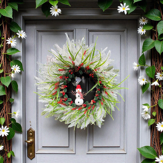Snowman Christmas Wreath – Frosted Pine Winter Door Wreath with Red Berries, Pinecones & Holiday Greenery – Farmhouse Christmas Decor