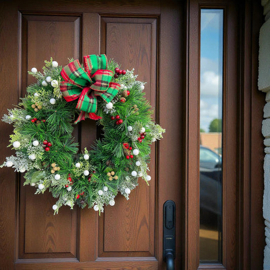 Classic Christmas Wreath with Plaid Bow, Red and White Berry Holiday Wreath, Winter Door Decor, Traditional Christmas Front Door Wreath