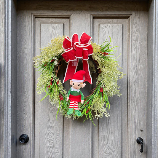 Elf Christmas Wreath – Whimsical Holiday Door Wreath with Red Bow and Greenery – Fun Front Door Christmas Decor