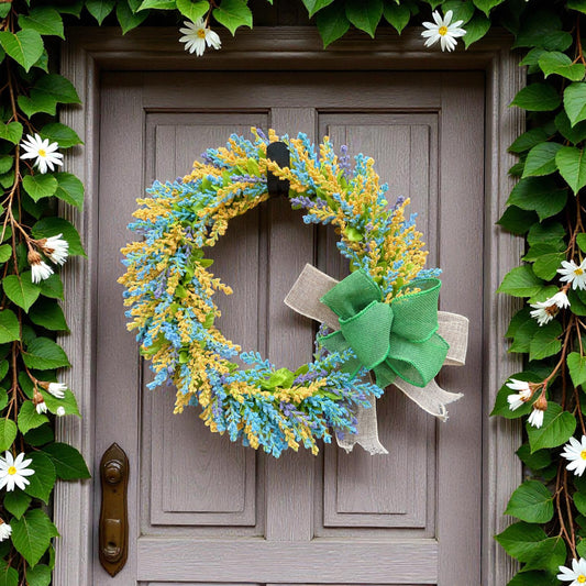 Blue & Yellow Floral Wreath: Spring Door Decor with Green Bow