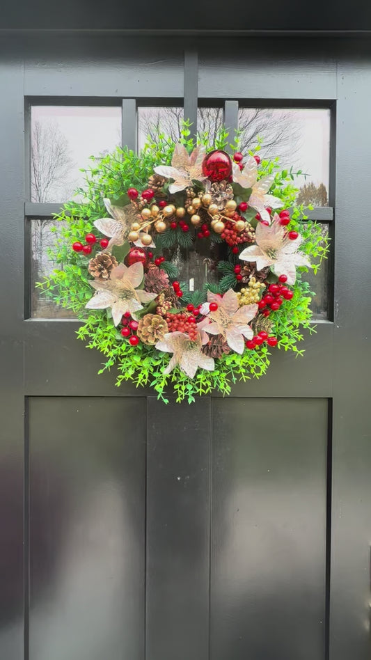 Gold and  Red Christmas Wreath – Holiday Door Wreath with Poinsettias  Pinecones and Ornaments – Elegant Christmas Decor for Front Door