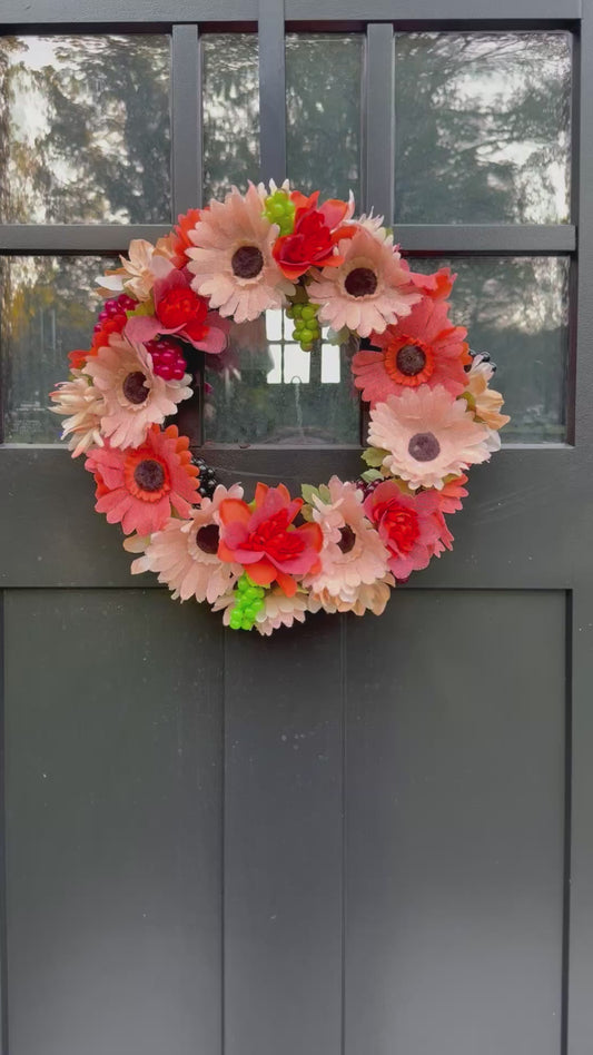 Daisy Fall Harvest Wreath with Purple and Green Faux Grapes - Year Round Front Door Wreath - All Seasons Door Decor