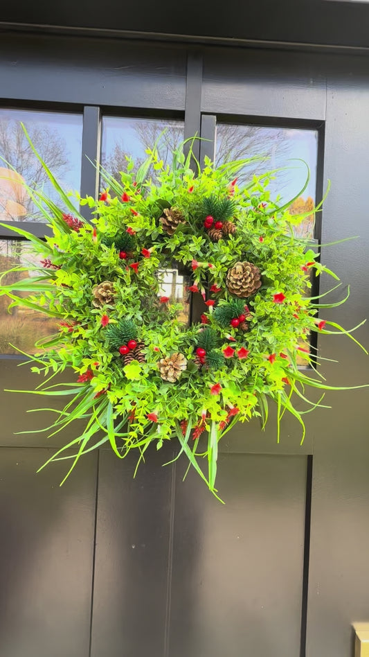 Christmas Greenery Wreath with Pinecones and Red Berries, Holiday Front Door Wreath, Winter Home Decor, Rustic Christmas Wreath, Artificial