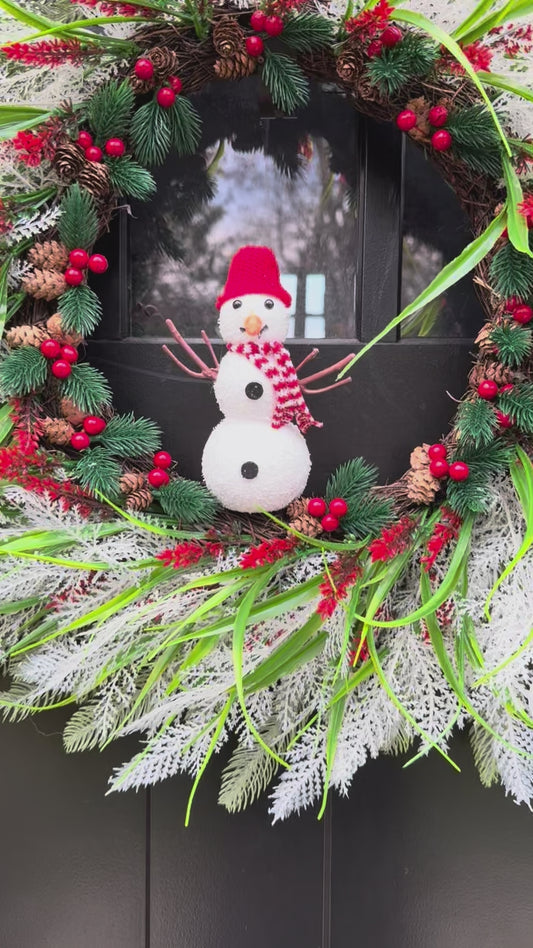 Snowman Christmas Wreath – Frosted Pine Winter Door Wreath with Red Berries, Pinecones & Holiday Greenery – Farmhouse Christmas Decor