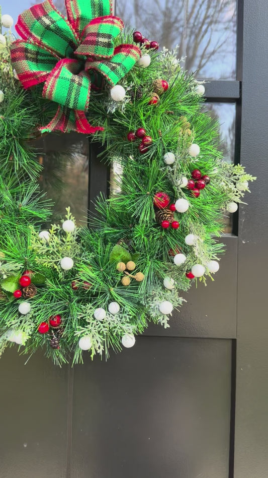 Classic Christmas Wreath with Plaid Bow, Red and White Berry Holiday Wreath, Winter Door Decor, Traditional Christmas Front Door Wreath