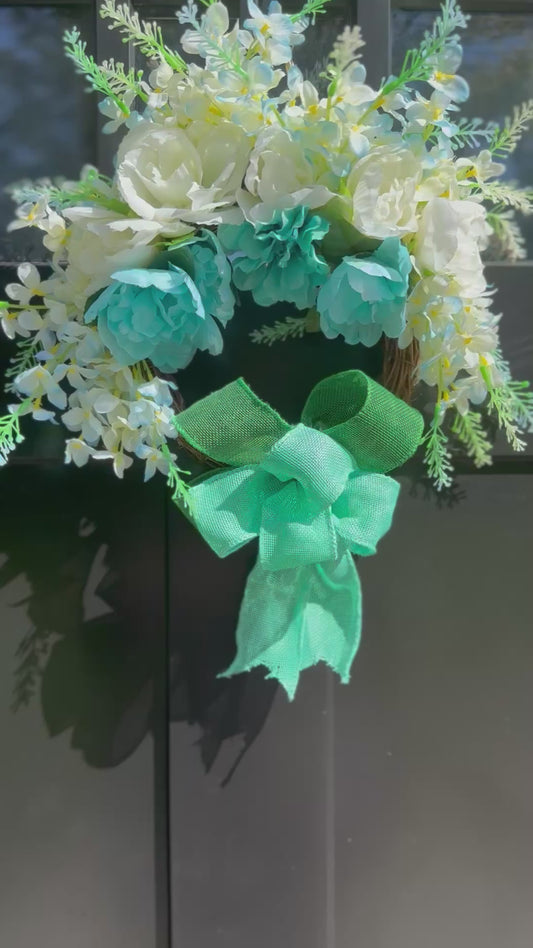 Aqua and White Floral Wreath for Front Door | Spring Summer Wreath | Farmhouse Cottage Decor | Peony & Rose Grapevine Wreath | Everyday Wreath with Bow | Gift for Mom