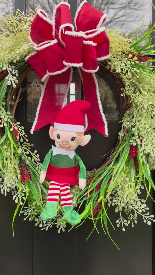 Elf Christmas Wreath – Whimsical Holiday Door Wreath with Red Bow and Greenery – Fun Front Door Christmas Decor