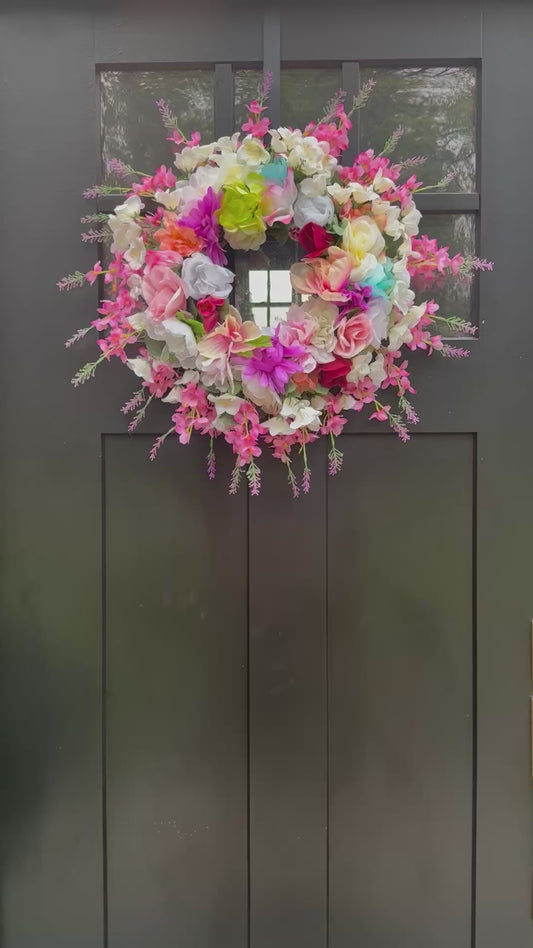 Handmade Floral Wreath Front Door Pink, White & Multicolored Faux Flowers Decor - Vibrant & Colorful Spring Summer Wreath