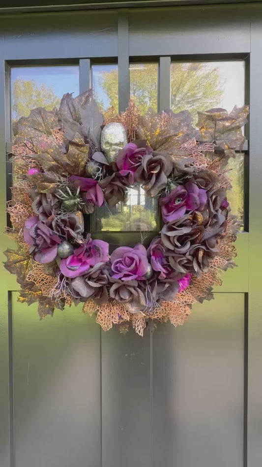 Gothic Halloween Black Purple Floral Wreath: Skull and Spider Decor