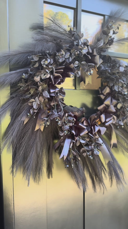 Black Gothic Halloween Wreath with Ribbons Crow & Eucalyptus Dark Elegant Front Door Decor Crow Halloween Spooky Decoration