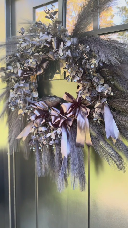 Black Gothic Halloween Wreath with Ribbons Crow & Eucalyptus Dark Elegant Front Door Decor Crow Halloween Spooky Decoration
